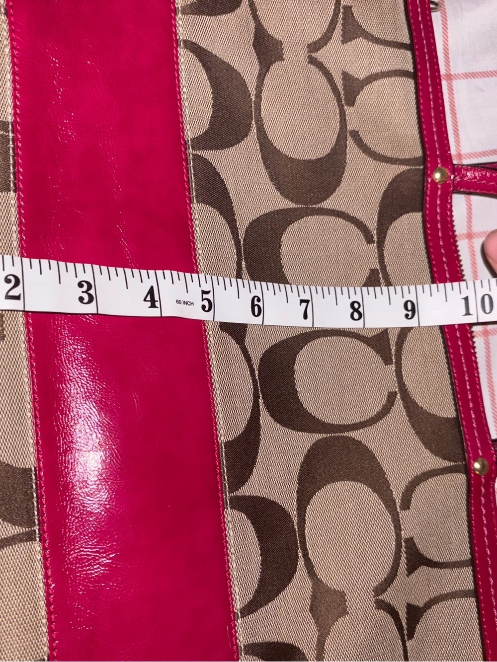 COACH KHAKI SIGNATURE STRIPE PATENT SHOULDER TOTE PINK - Picture 10 of 11